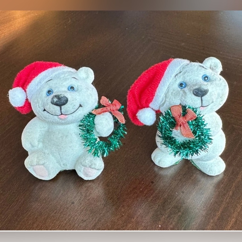 Vintage Josef Originals Flocked Fuzzy Polar Bears, Set of 2, Christmas Wreaths